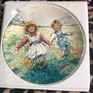 Vintage Decorative Plate with Children Artwork - Blue, White, Pink